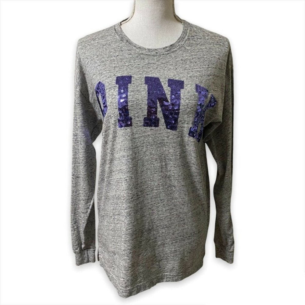 Victoria's Secret PINK Long Sleeve Top Heathered Gray Purple Sequin Logo Size XS